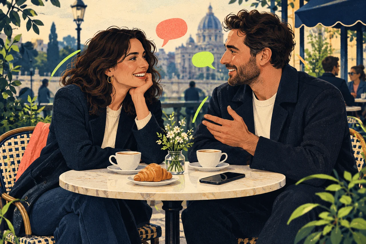 Illustration of two adults enjoying a relaxed coffee date at an outdoor cafe